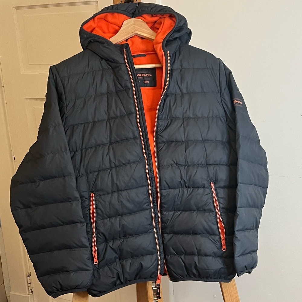 Hawke & Co. Boys Puffer Jacket. Dark Grey with orange fleece lining